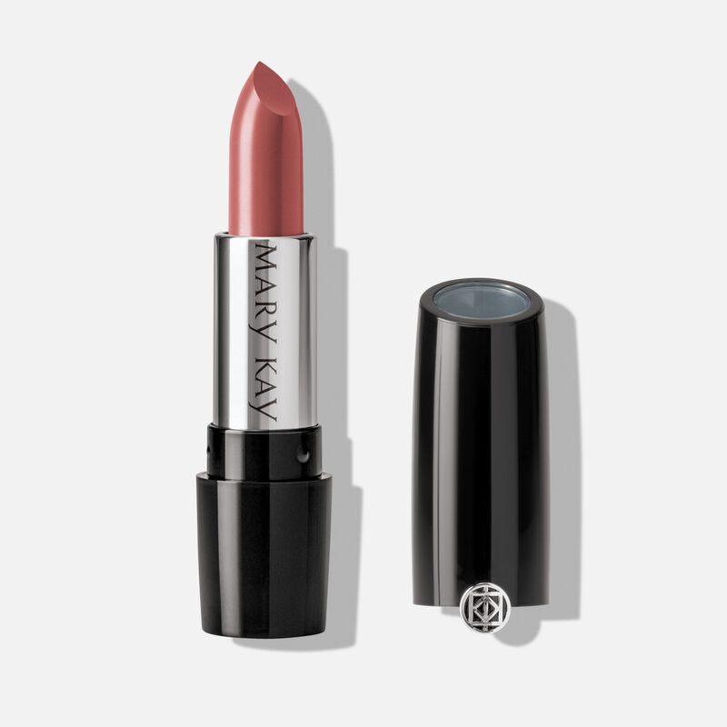 An open tube of Mary Kay Gel Semi-Shine Lipstick in the shade Tranquil Toffee.
