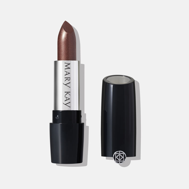 Open tube of Mary Kay Gel Semi-Shine Lipstick in Downtown Brown