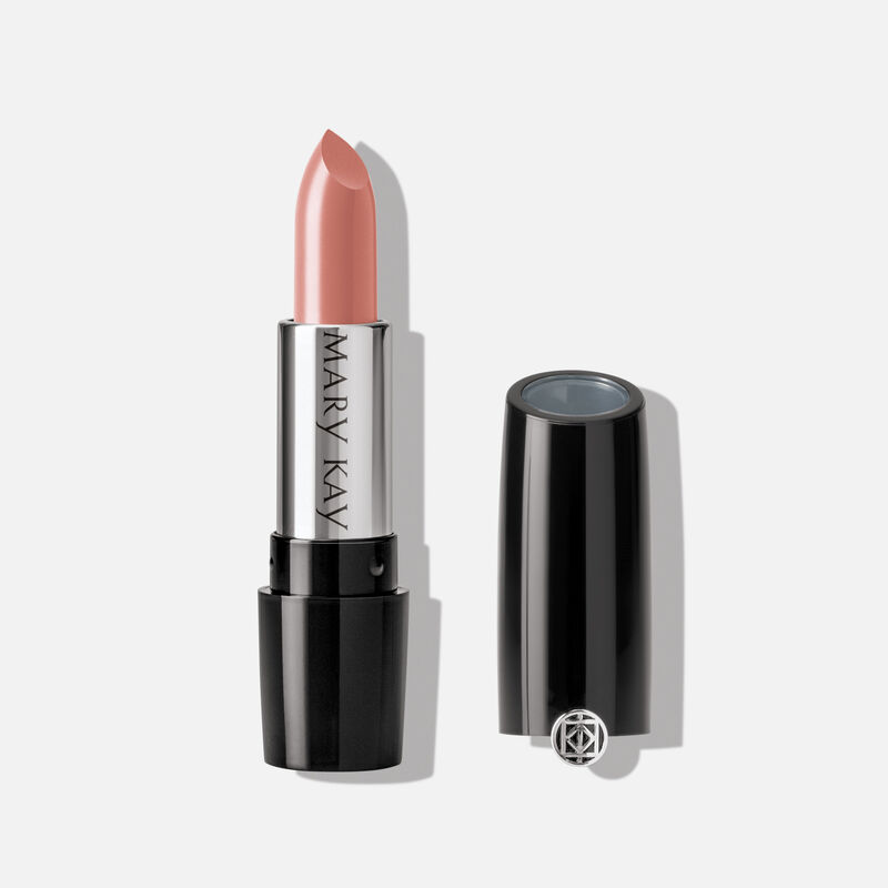 An open tube of Mary Kay Gel Semi-Shine Lipstick in the shade Naturally Buff.